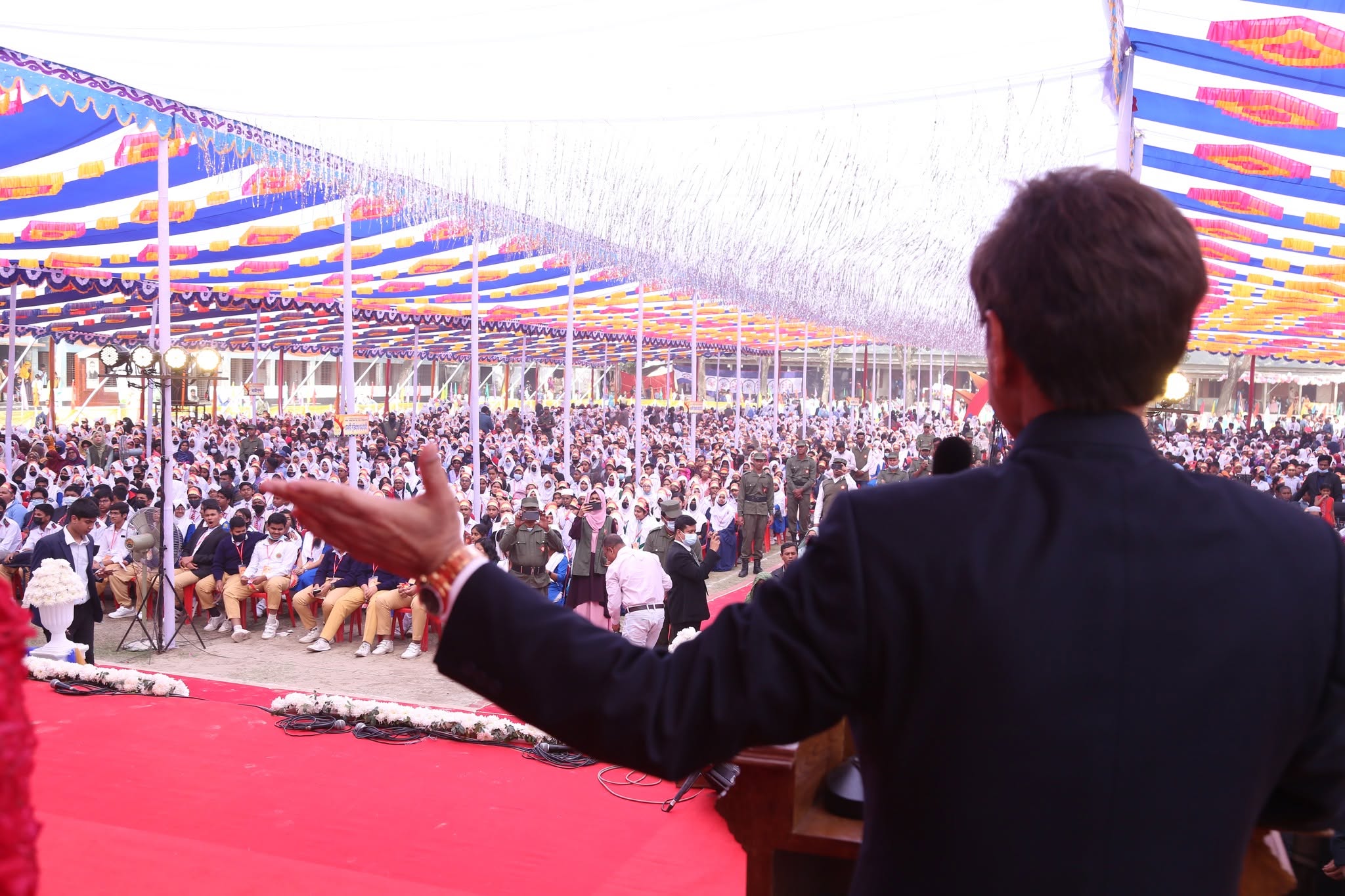 View from the stage towards a large programme gathering.