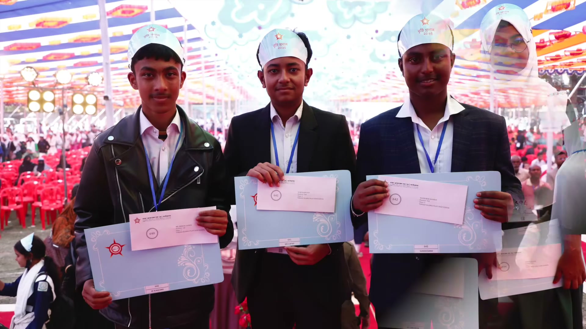 Three students holding certificates in the 2025 programme film.